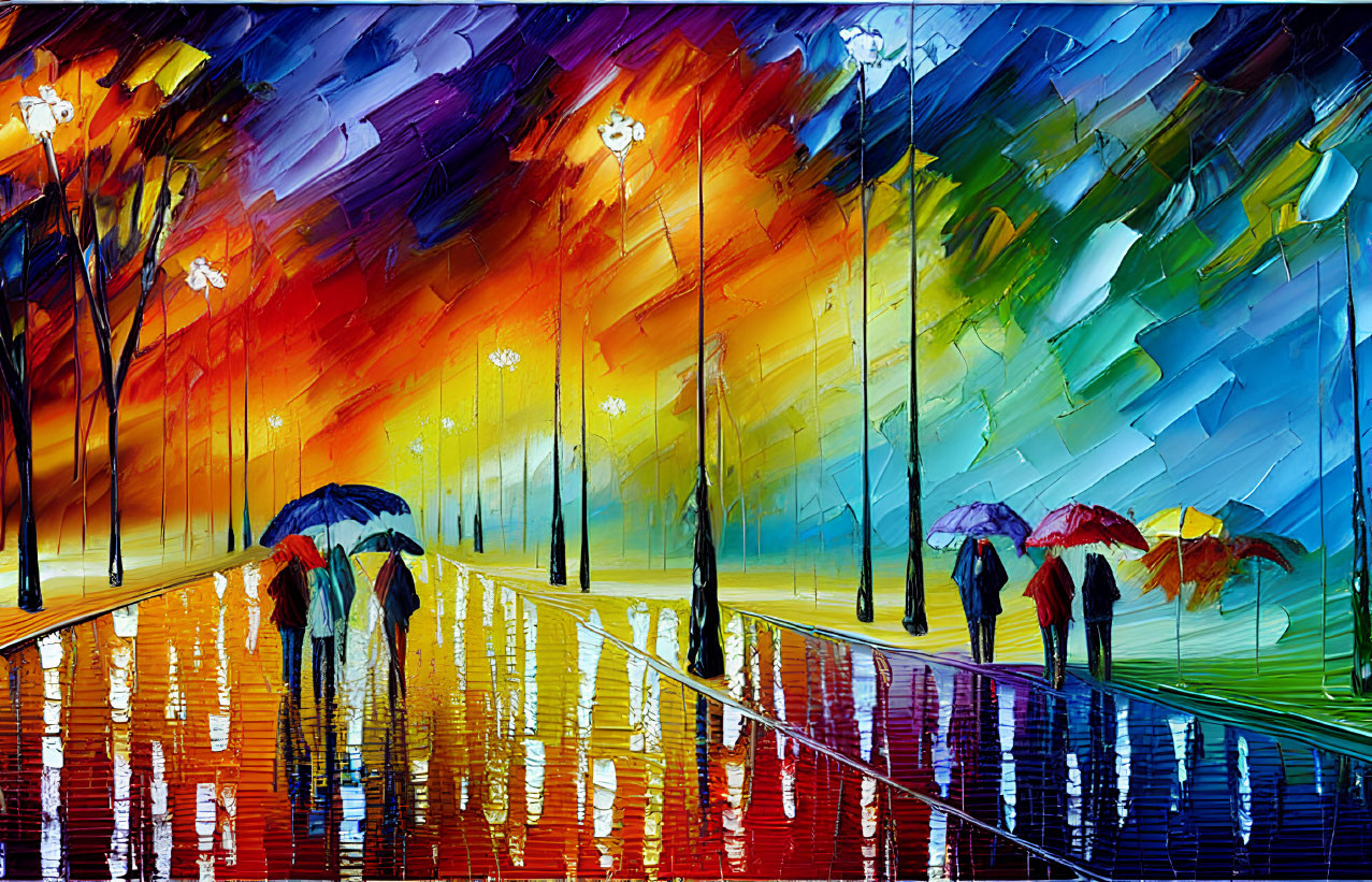 Colorful Impressionistic Painting of People with Umbrellas Walking at Night