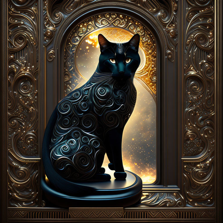 Ornate black cat with swirling patterns by golden arched doorway