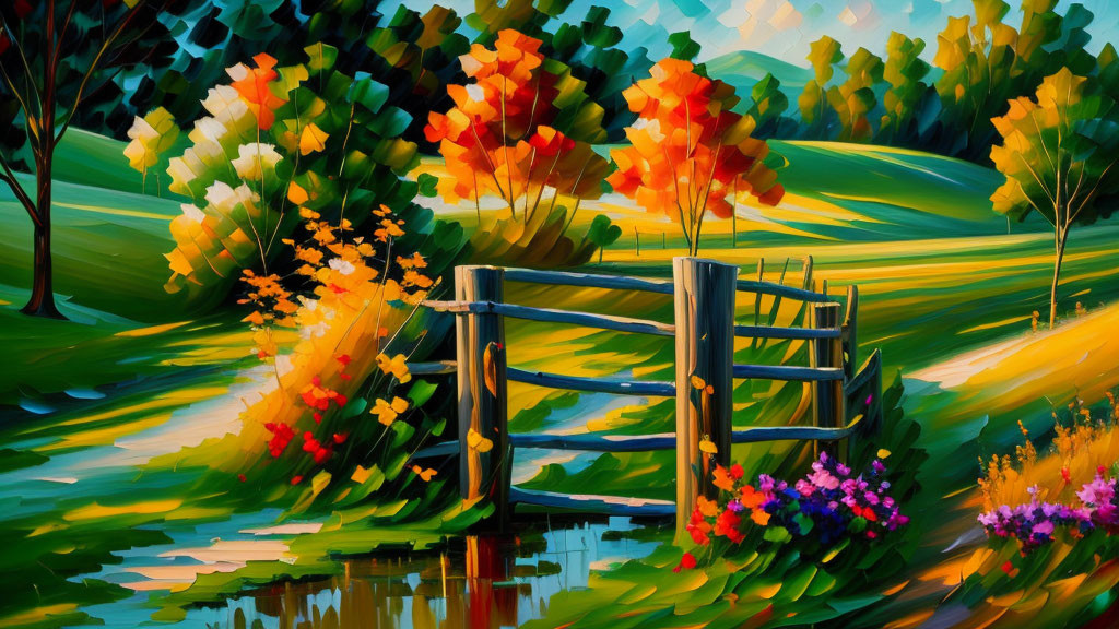 Colorful landscape painting: wooden fence, reflective stream, vibrant trees, greenery, and dynamic sky