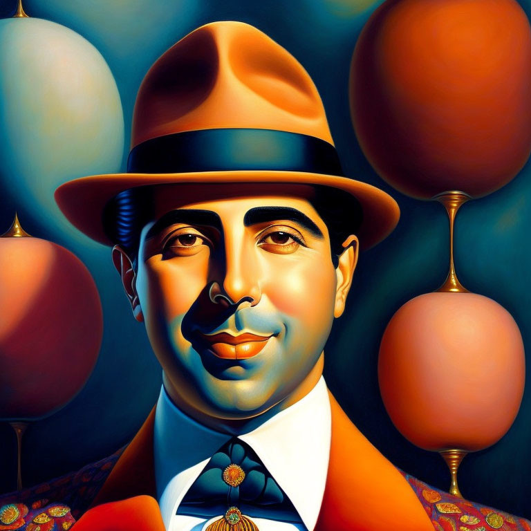 Stylized portrait of a man in orange suit with hat in surreal setting