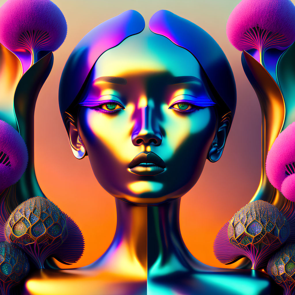 Vibrant digital artwork: symmetrical female face, neon lighting, surreal trees.