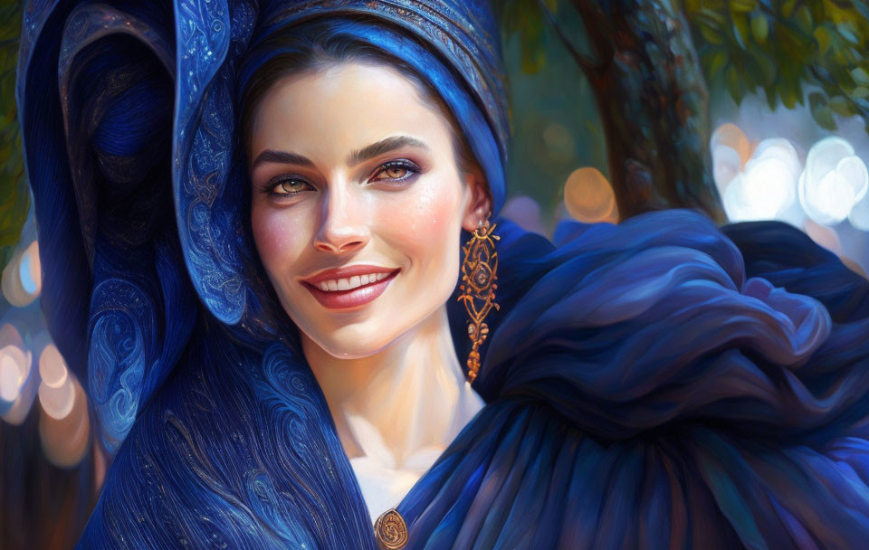 Smiling woman with radiant skin, green eyes, blue headscarf, and gold earrings