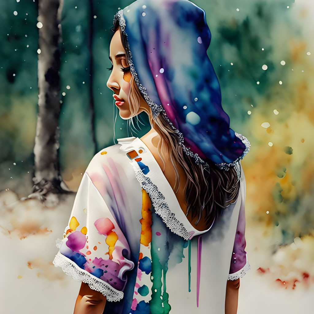 Colorful woman with shawl and headscarf in autumn setting