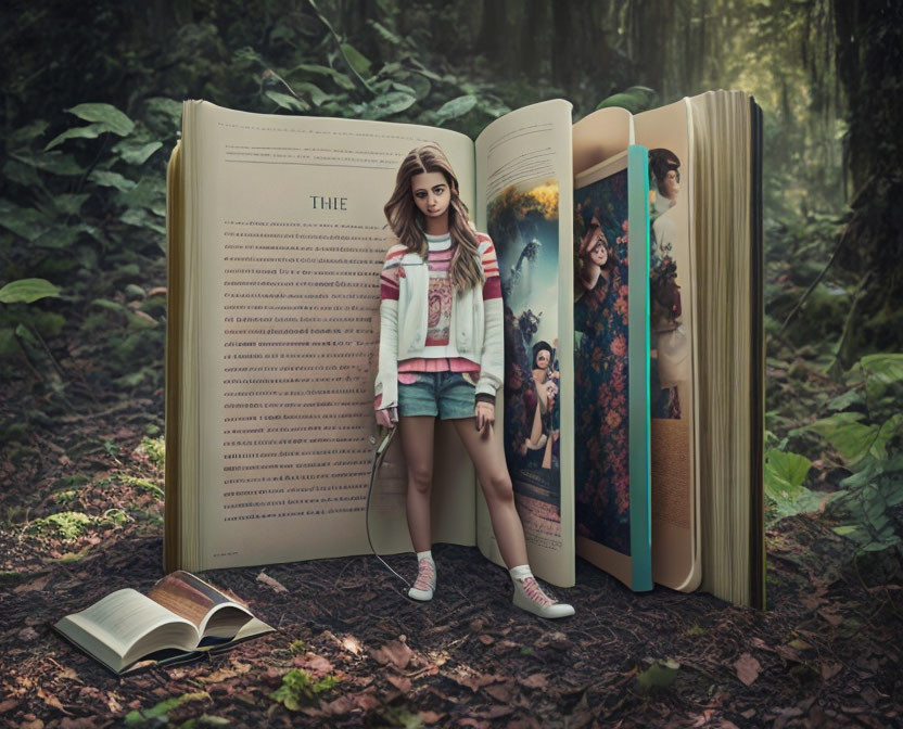 Person in Forest Between Large Open Book Pages