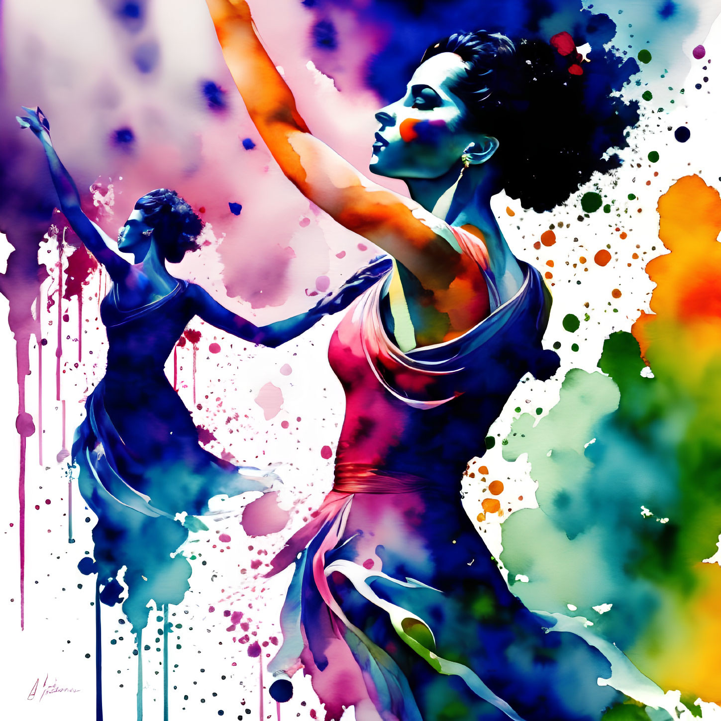 Colorful watercolor painting of a dancing woman in graceful pose