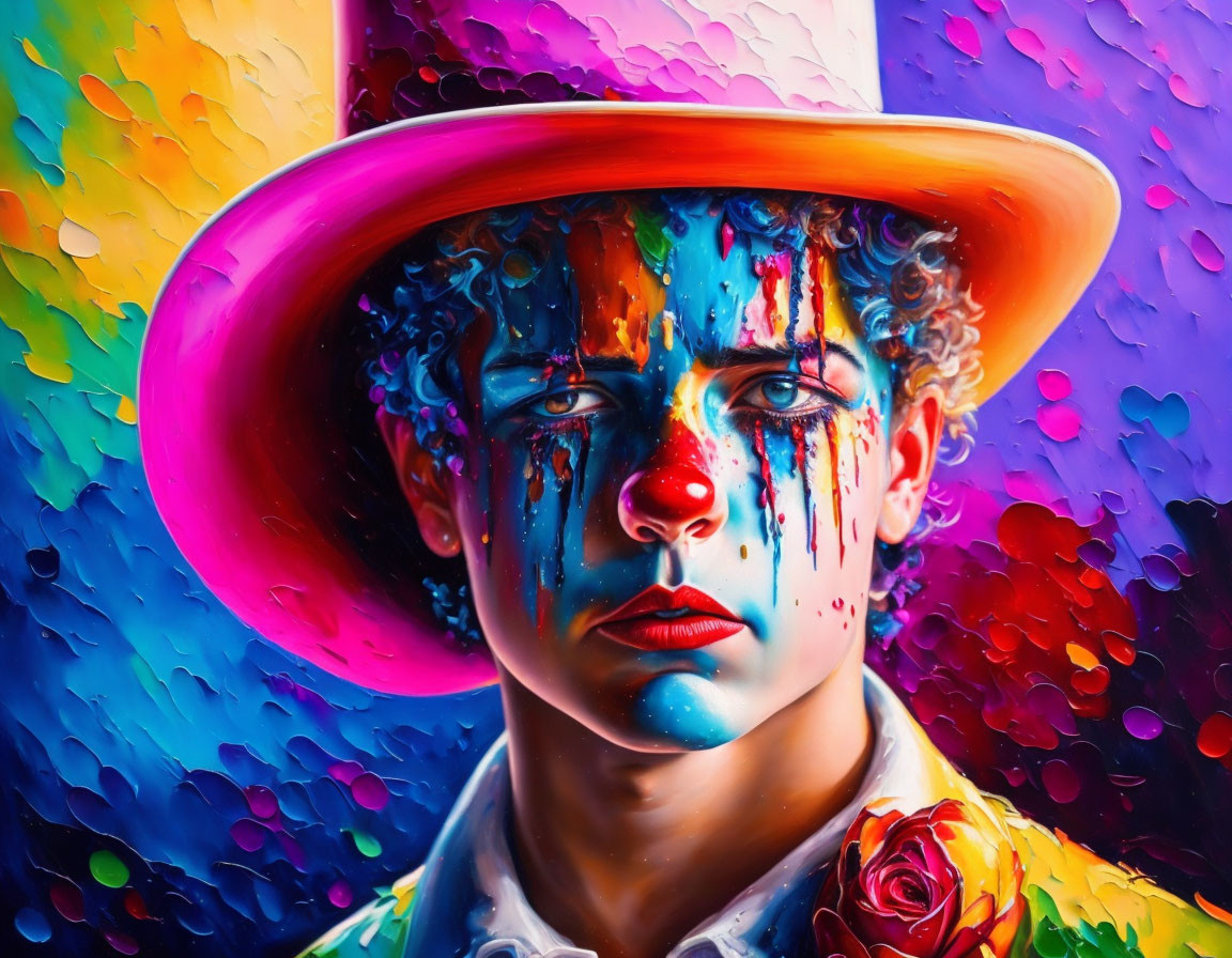 Blue Curly Hair Person with Colorful Hat and Painted Face on Vibrant Background