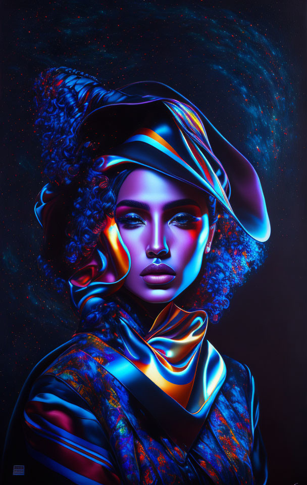 Portrait of woman with luminous skin and curly hair in cosmic hat and scarf