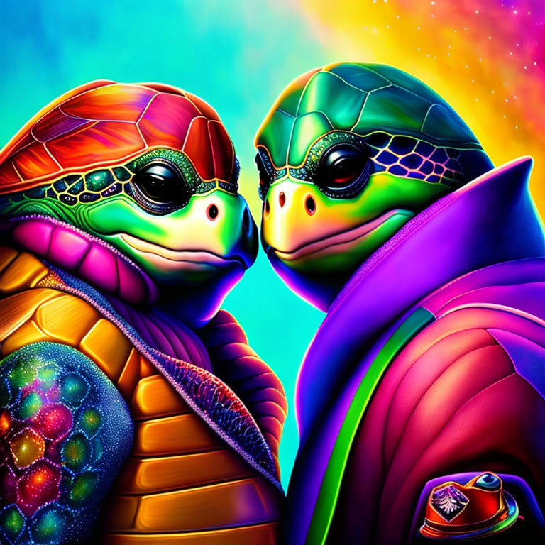 Colorful Stylized Turtles on Psychedelic Background