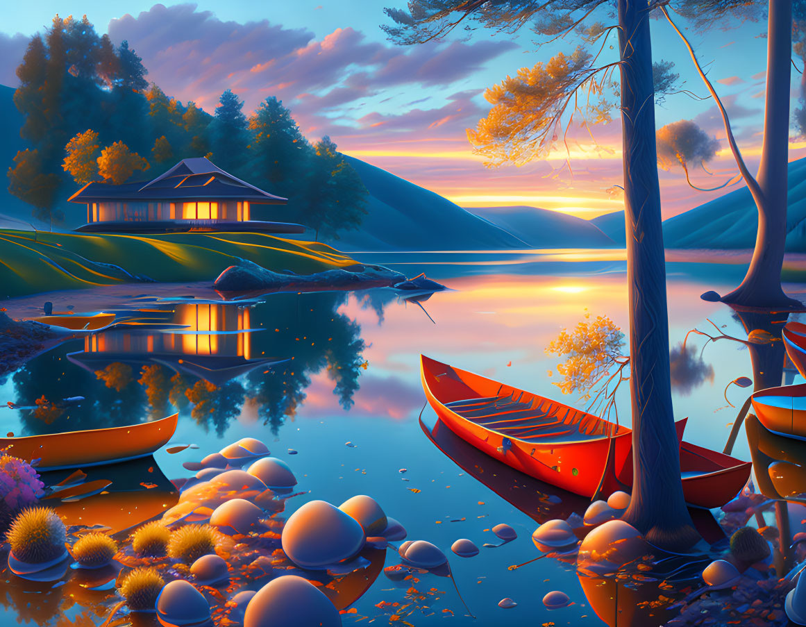 Tranquil sunset scene over lake with canoes, cabin, and pebbles