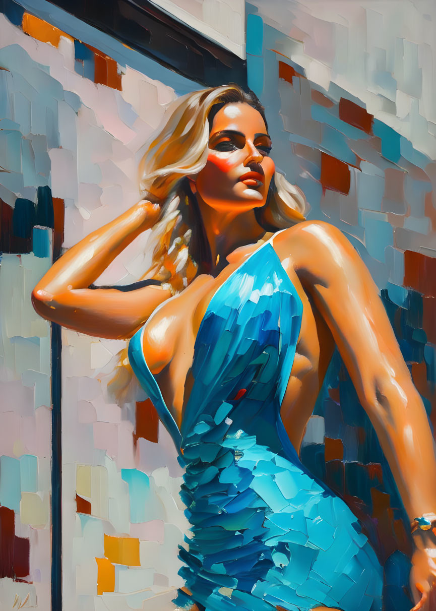 Colorful painting of woman in blue dress with blonde hair on abstract background