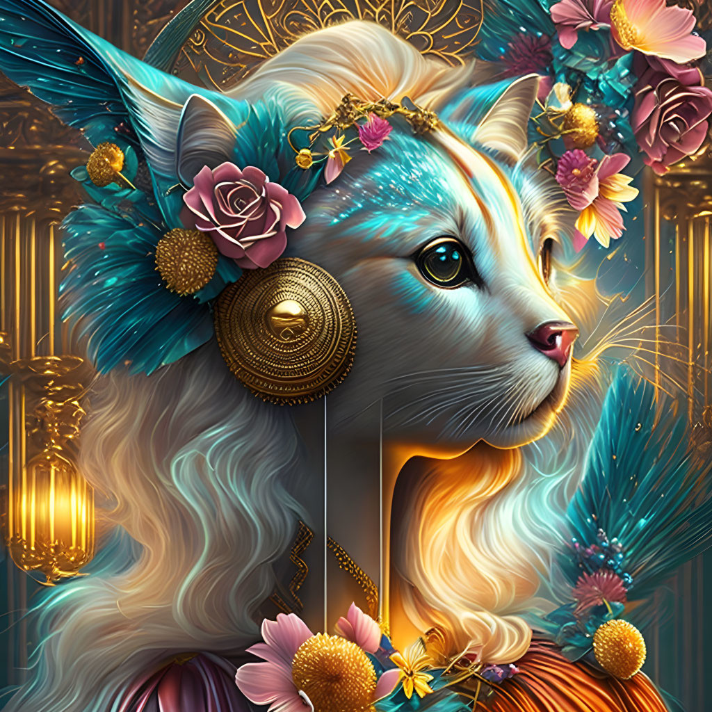 Blue-furred cat with floral adornments in opulent setting