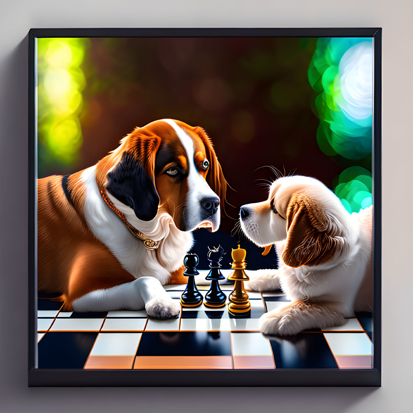 Saint Bernard-like dogs face off on chessboard with bokeh lights.