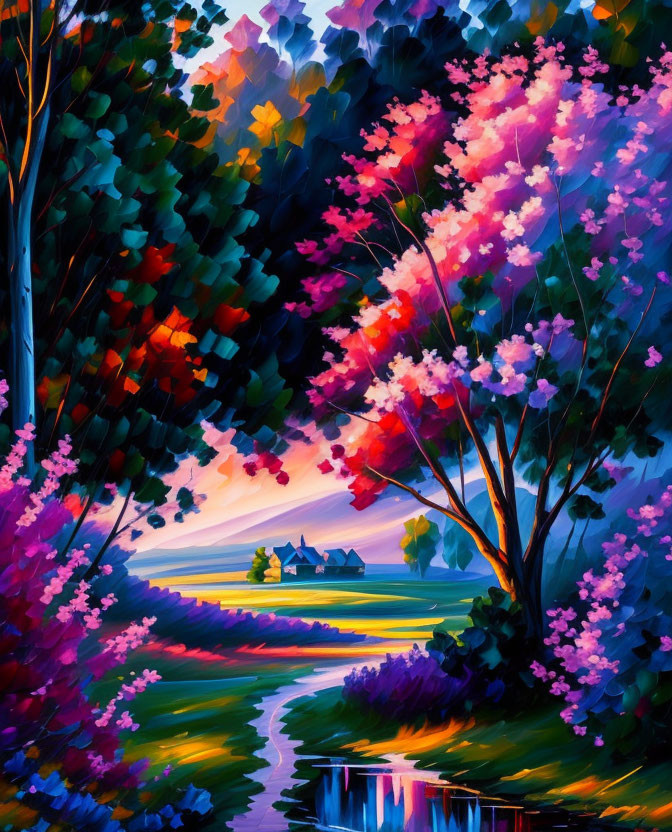 Colorful painting of lush path with stylized trees under sunset sky, leading to cottage by river