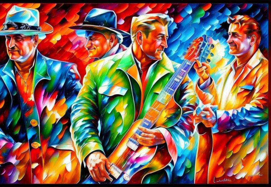 Colorful painting of three men in hats and suits with a guitar, featuring abstract patterns and warm tones