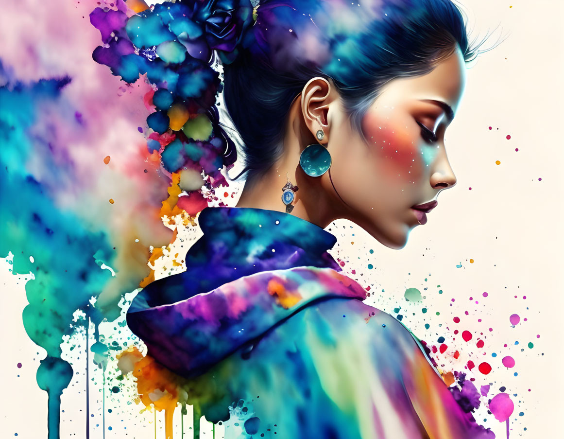 Colorful digital artwork: Woman with paint-splattered effect