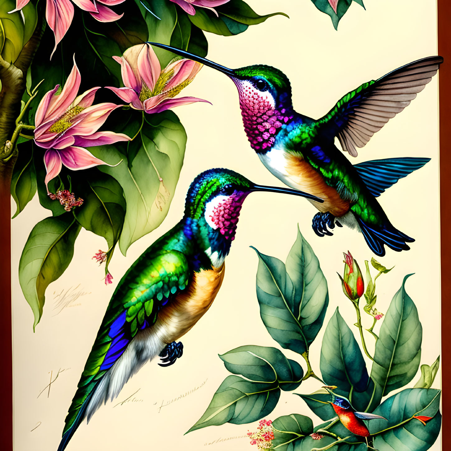 Vibrant hummingbirds feeding from pink flowers on cream background with red bird.