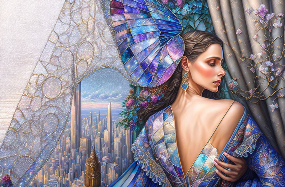 Fantasy illustration of woman with butterfly wings against cityscape and blossoming branches