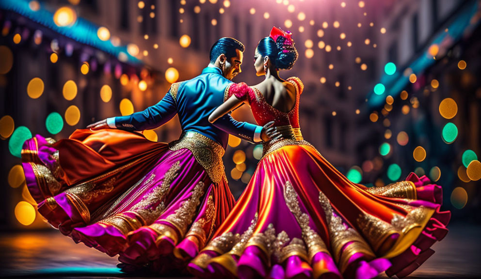 Traditional attire dancers twirl against bokeh backdrop