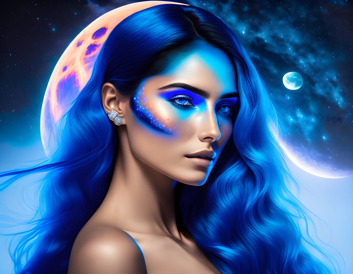 Vibrant blue hair woman with cosmic makeup in space scene