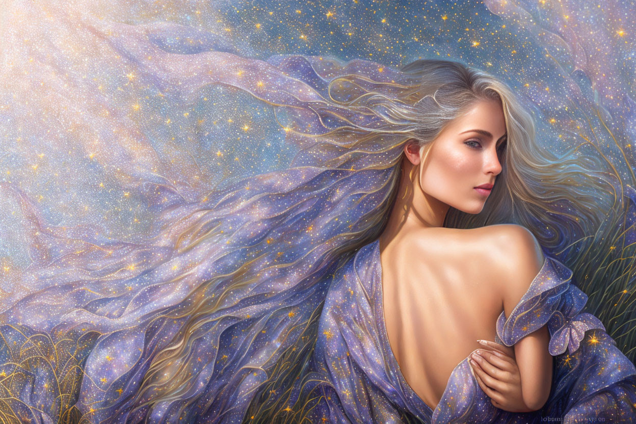 Woman with flowing hair in cosmic nightscape, draped in purple fabric.