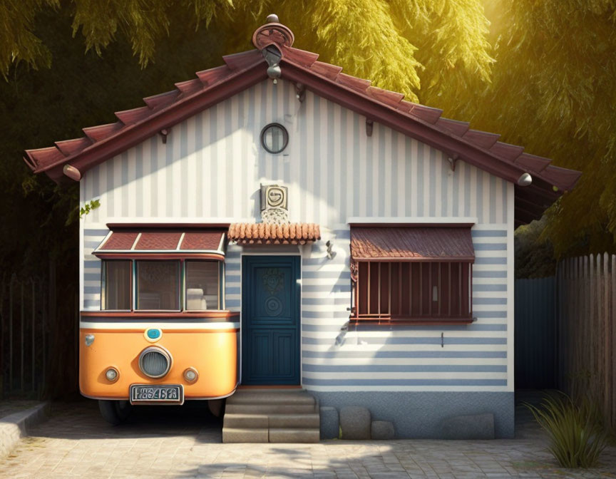 Blue and White Striped House with Orange Camper Van in Sunlit Setting