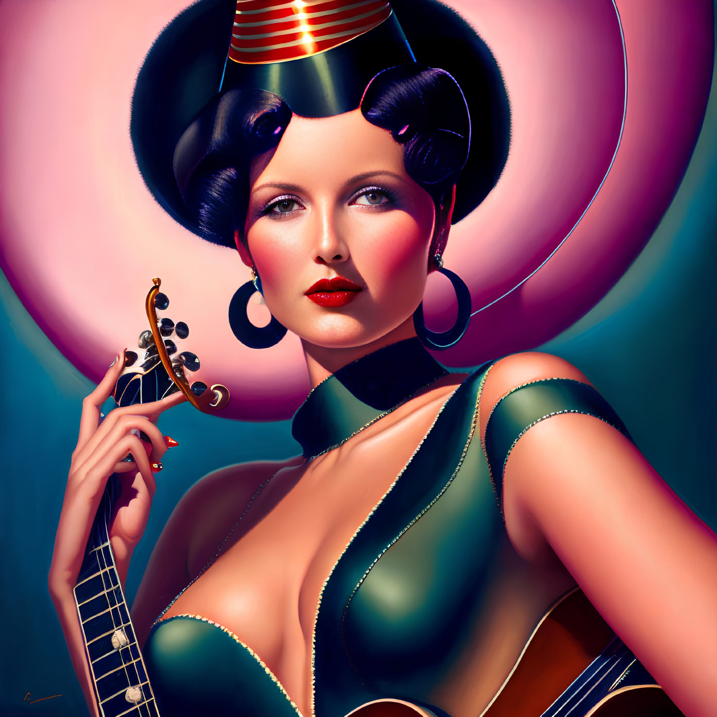 Stylized portrait of woman with futuristic hairstyle and violin in vibrant pink and blue tones