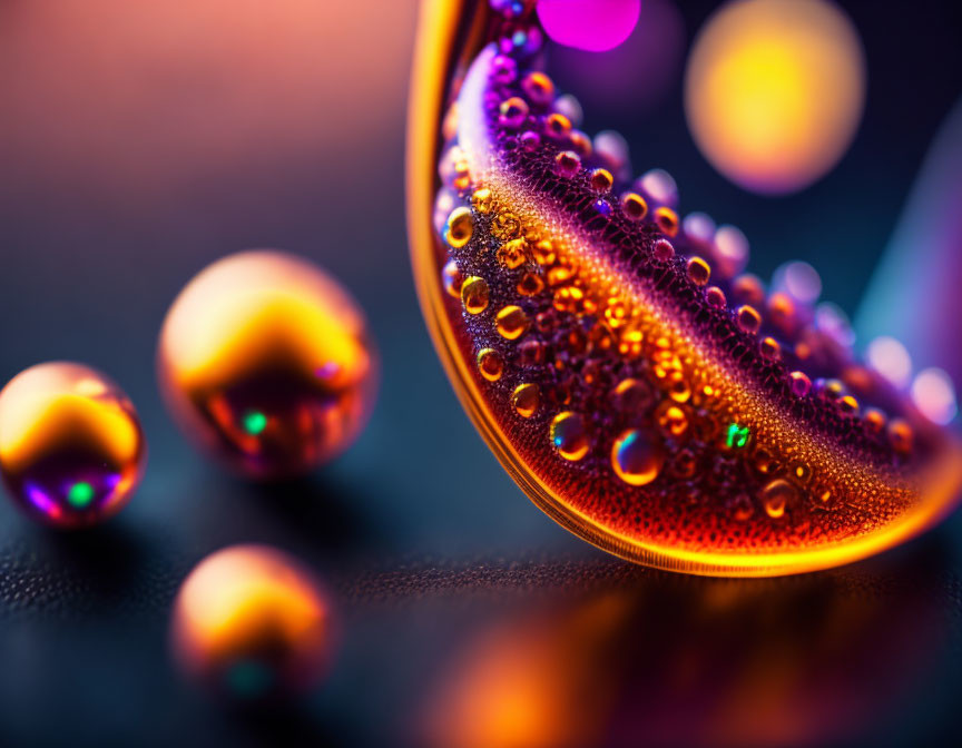 Colorful water droplets on metallic surface with purple, blue, and orange hues