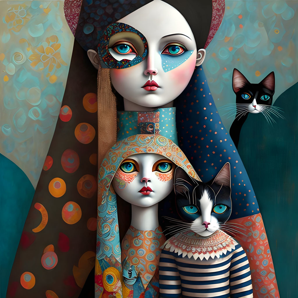 Stylized female figures with large eyes, cats, textured background