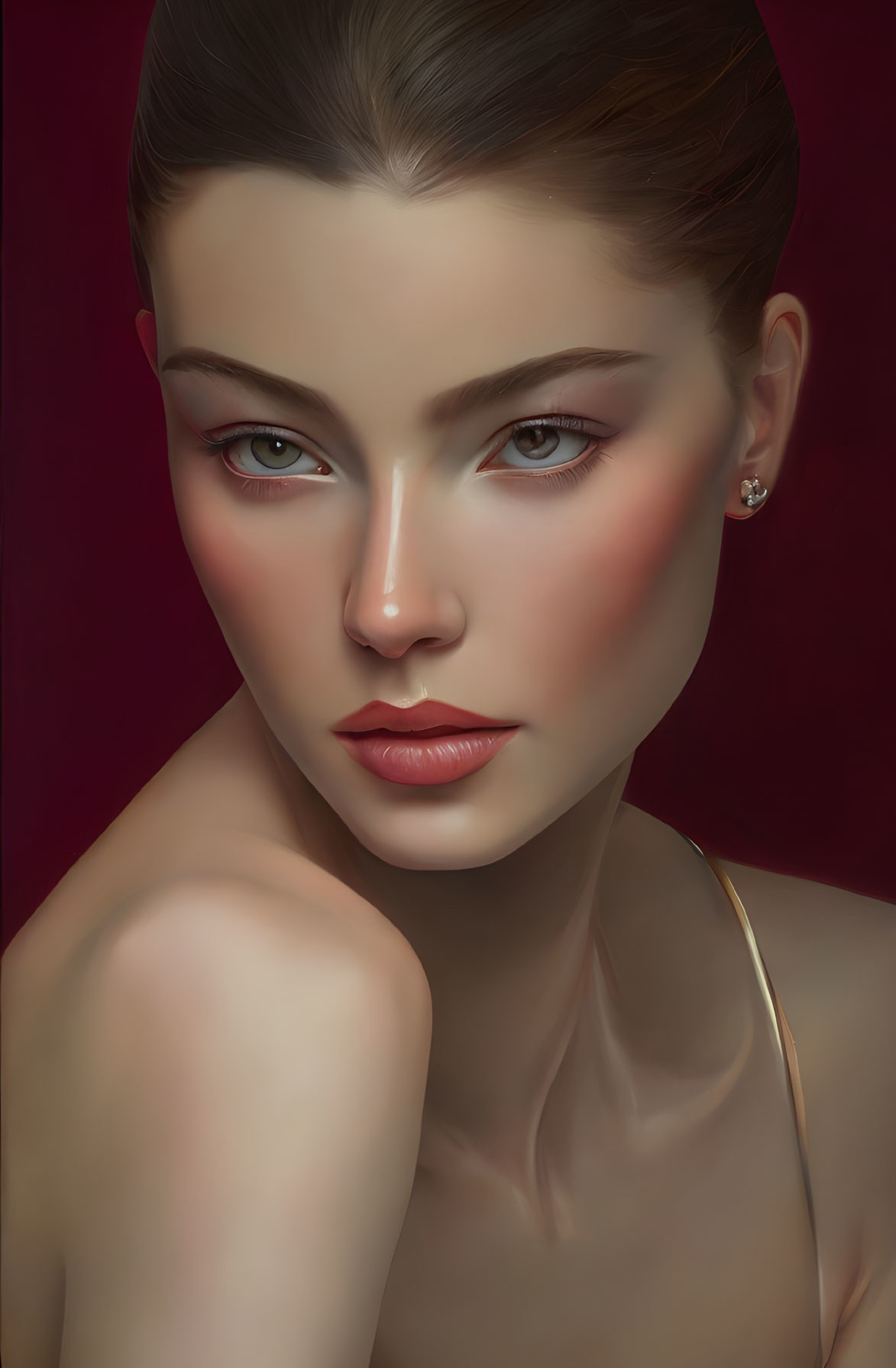 Digital portrait of woman with clear skin, rosy cheeks, full lips, and green eyes on crimson