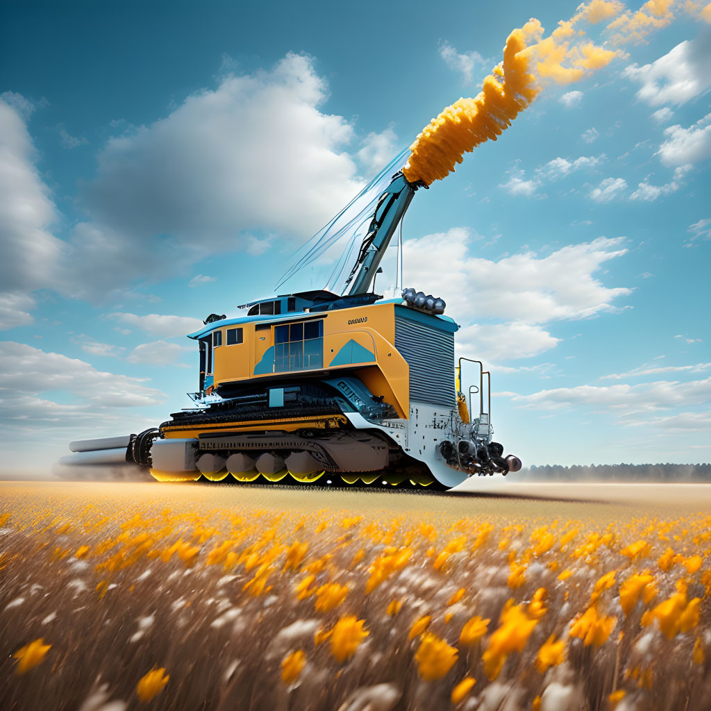 Surreal heavy-duty tracked vehicle emitting orange smoke in blooming field