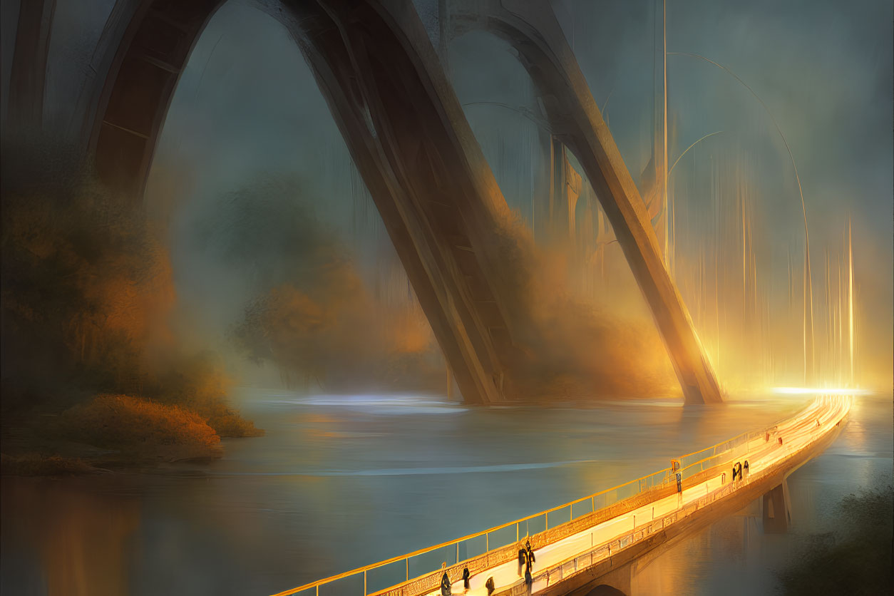 Large arched bridge over misty river with people walking.