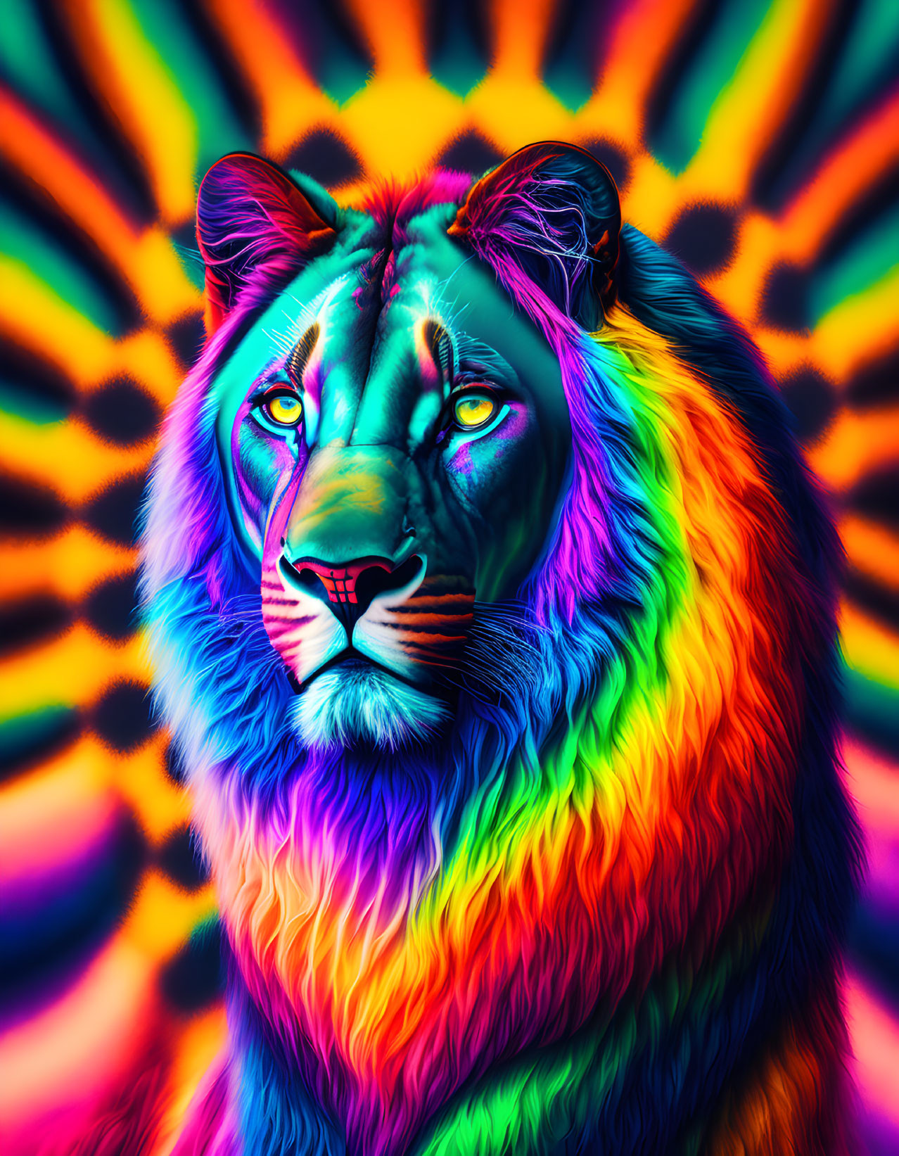 Colorful Psychedelic Lion Artwork with Rainbow Mane