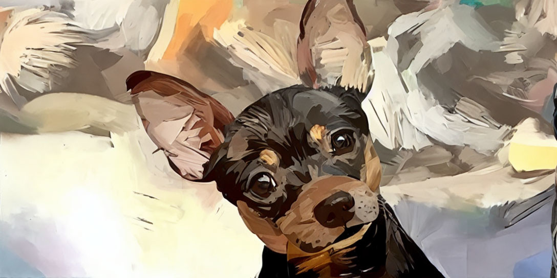 Black and Tan Dog Painting with Perked Ears and Abstract Background