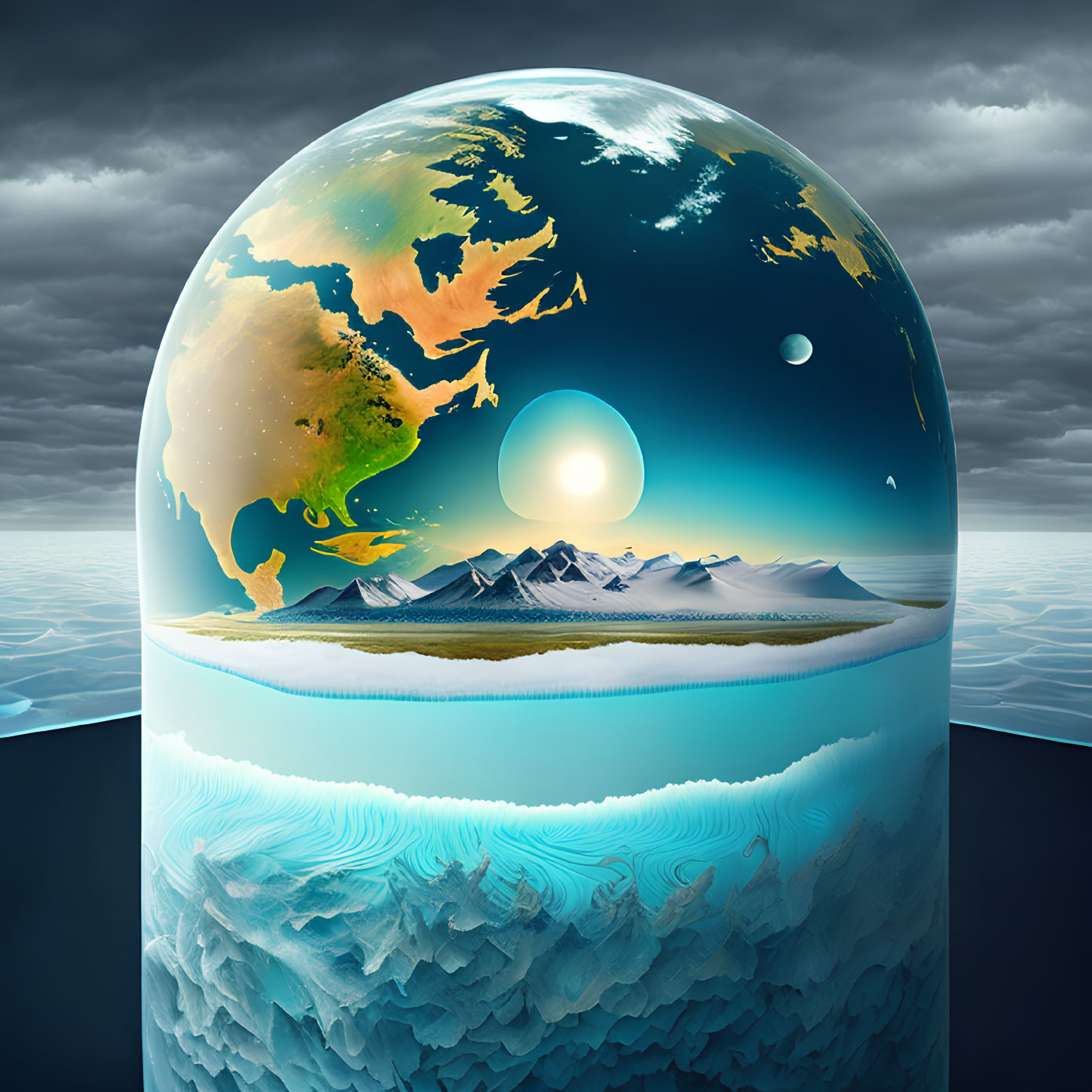 Surreal layered Earth sphere with continents, mountains, and ocean under dramatic sky