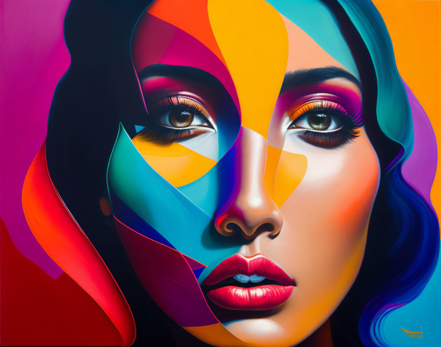 Colorful abstract design overlaying woman's face in vibrant portrait