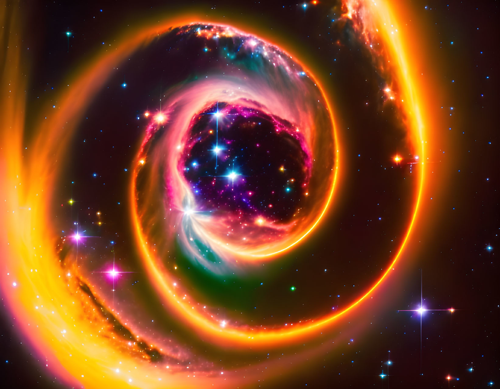 Colorful cosmic swirl with stars and dark center, resembling nebula or galaxy.