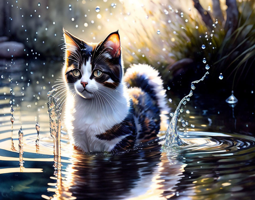 Black and White Cat Surrounded by Water Ripples on Sunlit Pond