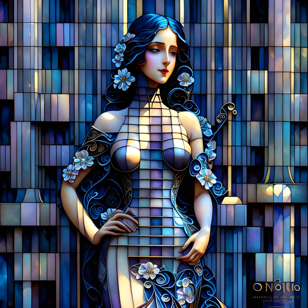 Stylized digital artwork: Woman with blue hair and dress, white flowers, mosaic background