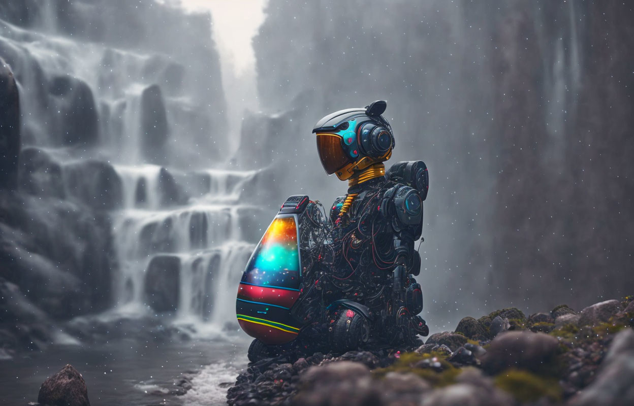 Colorfully Lit Backpack Astronaut Figure by Misty Waterfall