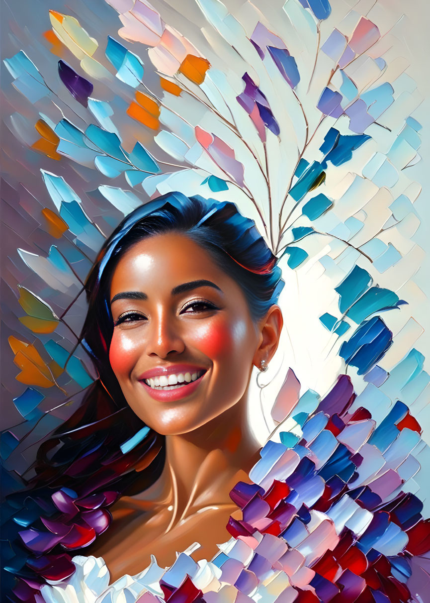 Colorful Smiling Woman with Feather-Like Headdress