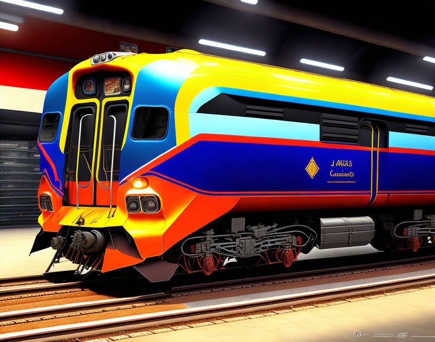 Colorful blue and yellow train with "JN A18S GRAND" parked at station platform