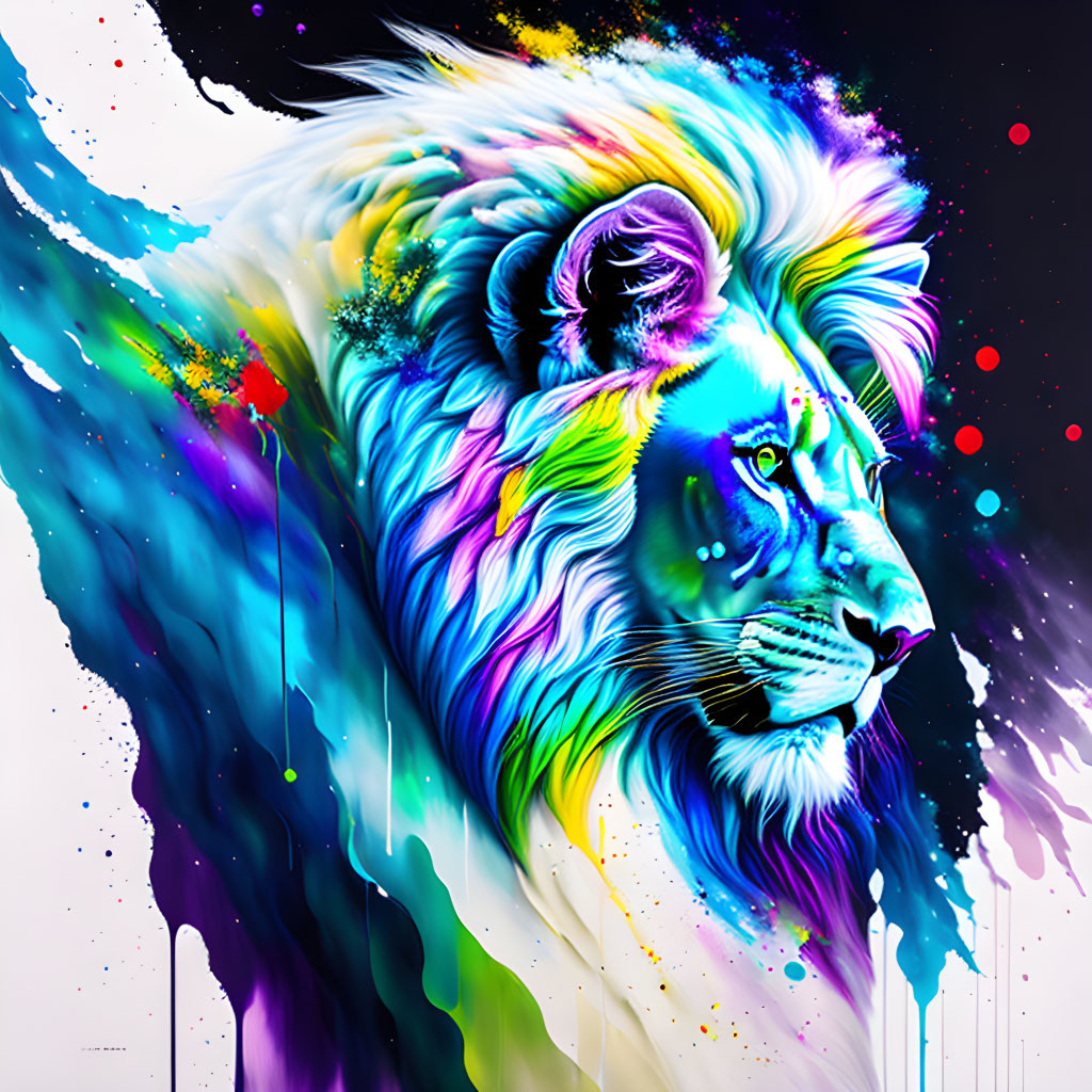 Colorful lion artwork on black background with splattered paint details