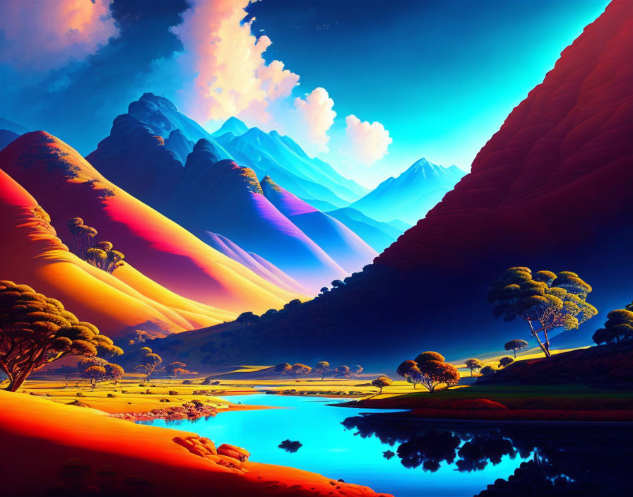 Colorful surreal landscape with rolling hills, reflective river, trees, and blue mountains at sunset