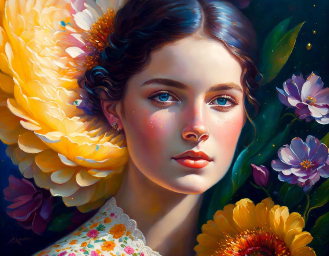 Portrait of young woman with deep blue eyes among colorful flowers and yellow feather