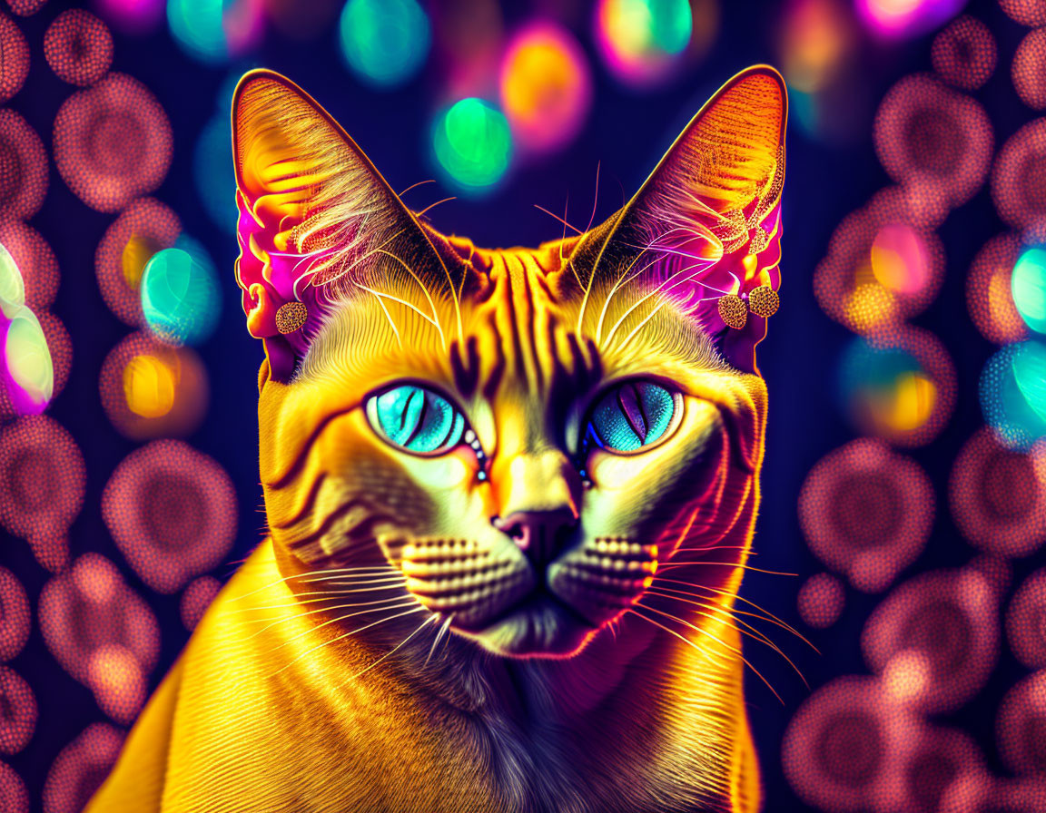 Colorful Digital Art: Orange Cat with Blue Eyes and Neon Outlines