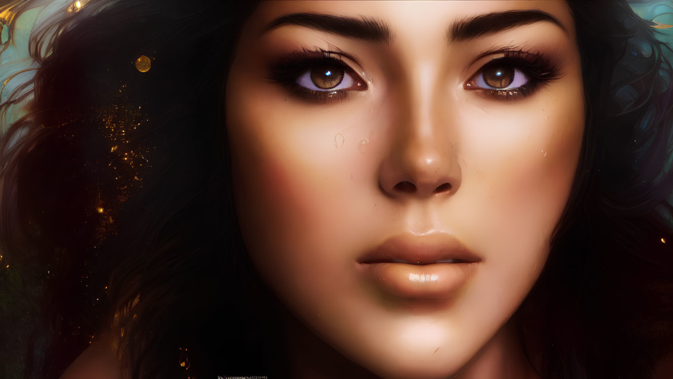 Detailed digital portrait of a woman with brown eyes, long eyelashes, freckles, and glowing