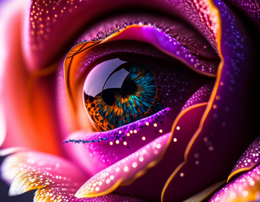 Detailed Close-Up of Artificial Eye with Colorful Petal-Like Structures