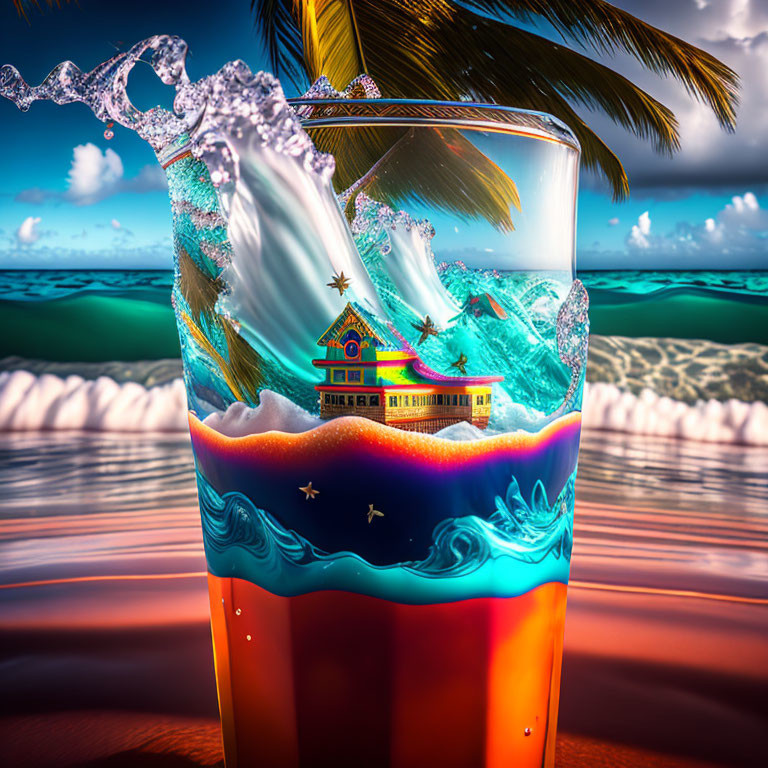 Colorful Cocktail with Ocean Scene: Waves, Beach House, and Dolphins