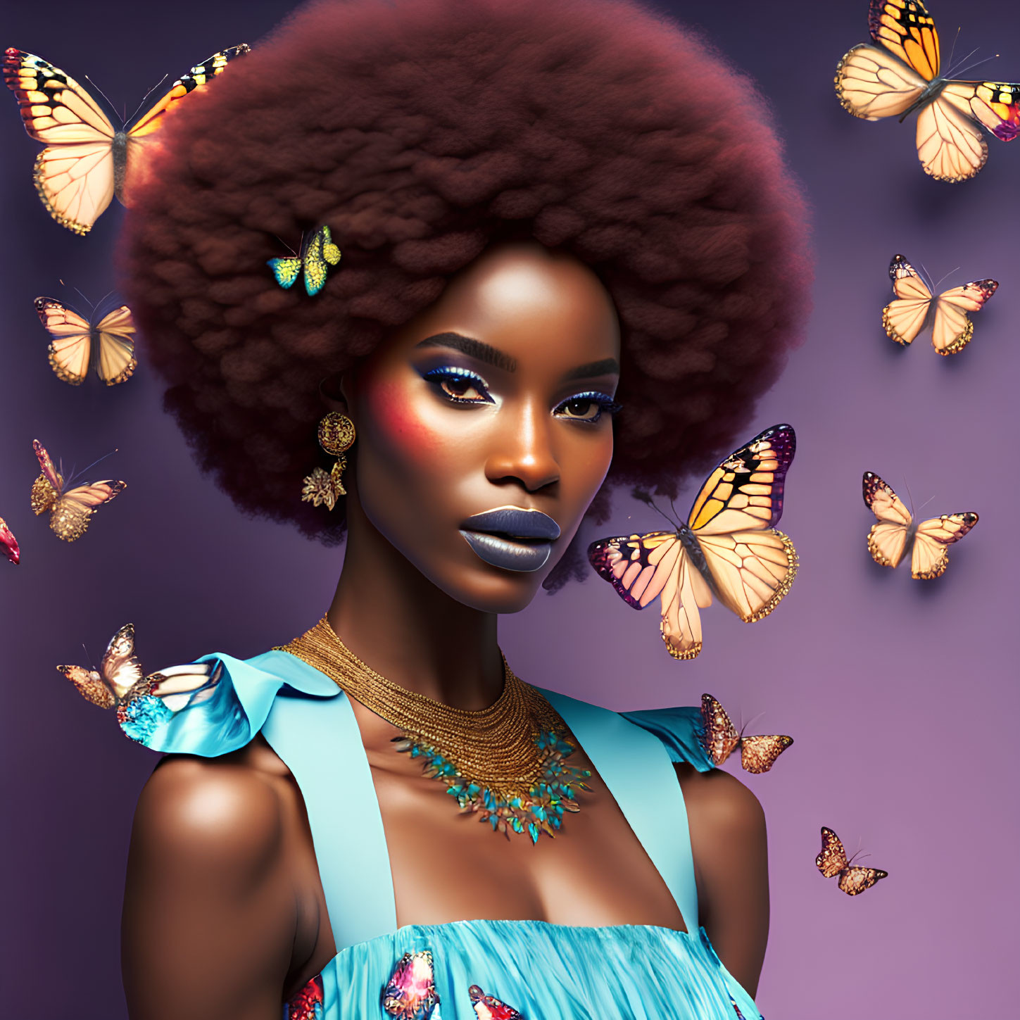 Voluminous Afro Woman with Colorful Butterflies on Purple Background