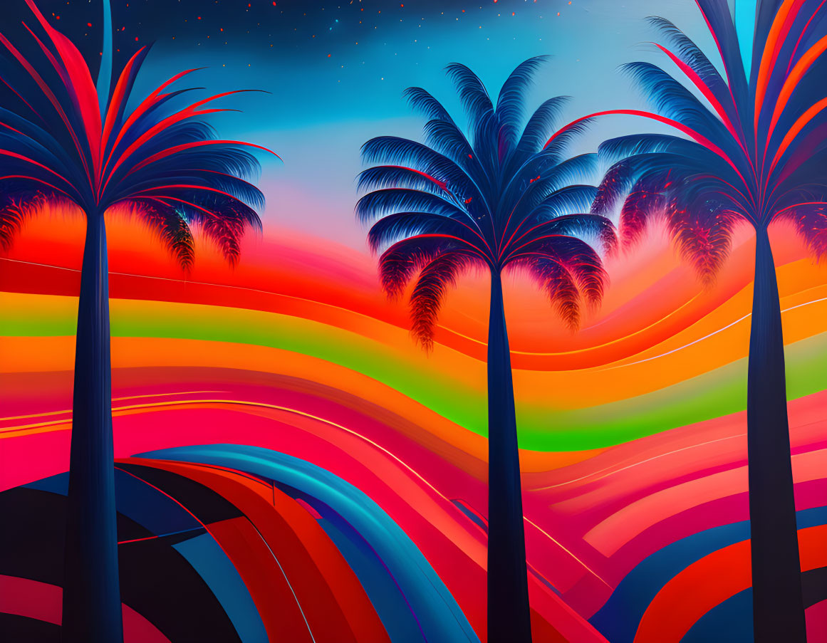 Colorful digital artwork: Palm trees, abstract waves, starry night sky